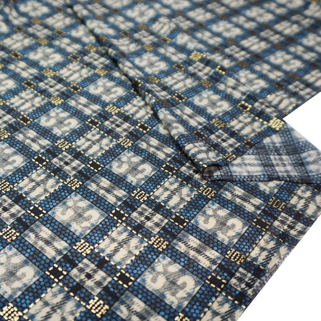 원단대장 폴리스판 타탄체크 금박 원단 블루 얇은천 매끄러운 여름 원피스 의류천 자체제작, 블루색, 1개