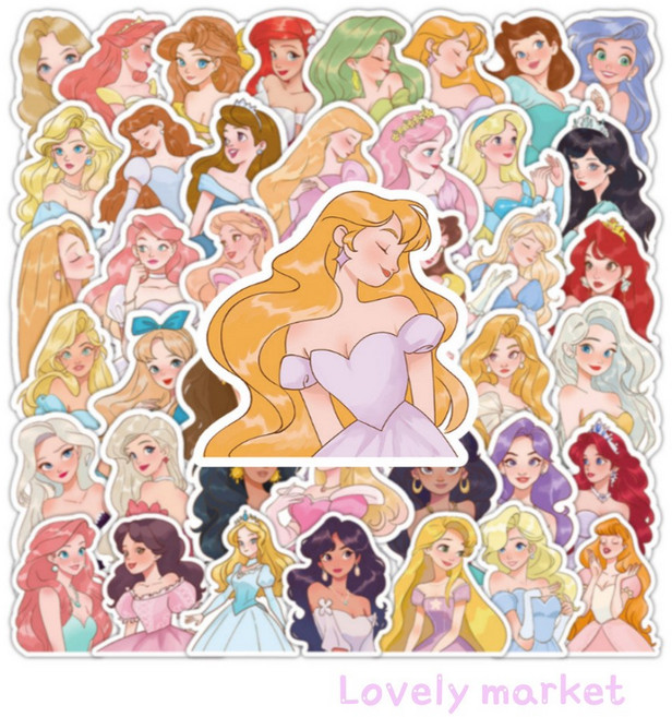 러블리 마켓 디즈니 공주 스티커 세트 방수 노트북 캐리어 꾸미기, 53P