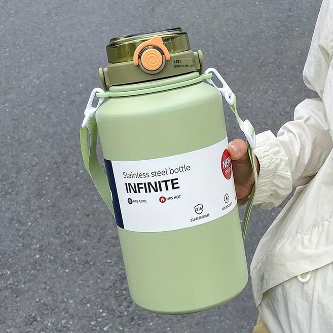대용량 텀블러 2L 스테인리스 보온보냉 물병 빨대텀블러 손잡이 어깨끈 운동 헬스 등산 캠핑 스포츠 보틀 진공단열 24시간보온 블랙 화이트, 2.0L, green