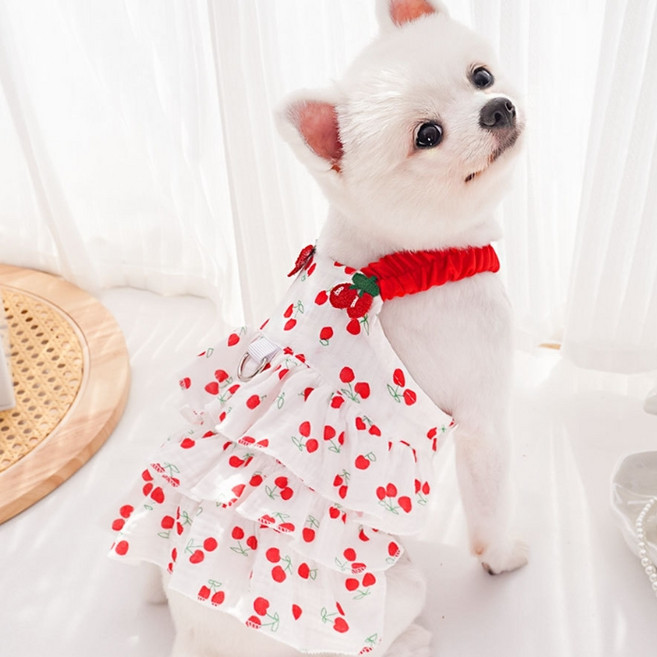 반려동물 체리 민소매 원피스, 1개, 화이트