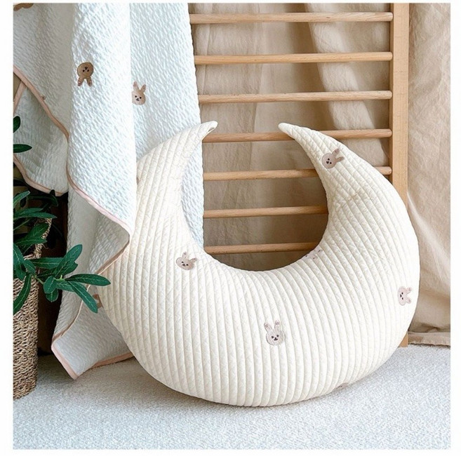 ins刺繡純棉 月亮枕 孕婦枕 孕婦靠枕 哺乳枕 靠墊 腰枕, 兔子（此款45cm*50cm）
