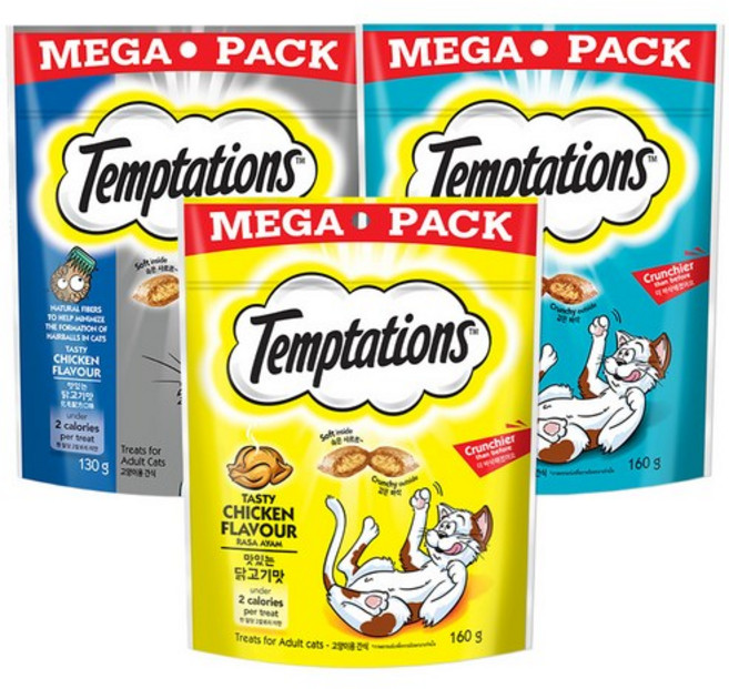 템테이션 고양이 메가팩 스낵 3종 세트, 혼합맛(닭고기/참치/헤어볼컨트롤), 2세트, 450g