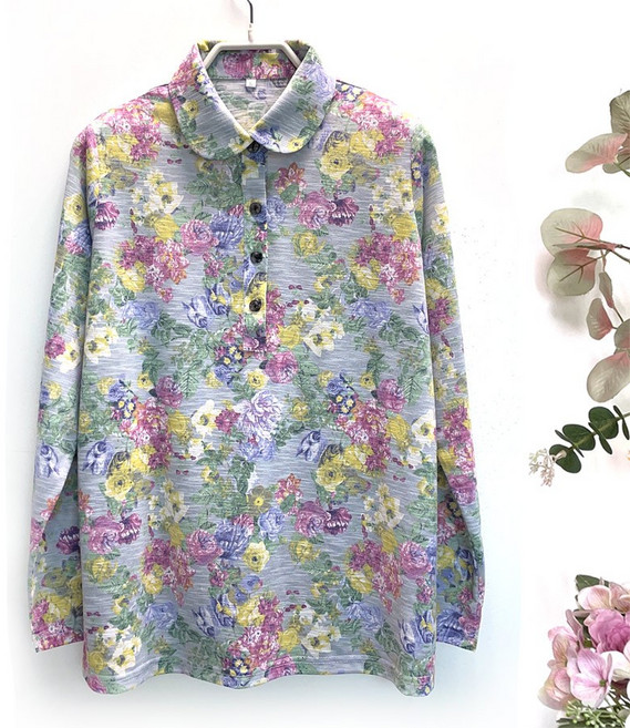 국민할매 국내생산 할머니옷 봄 가을 클레시 면 슬라브원단 로즈 카라티셔츠[ALA-13] 춘추 요양원옷