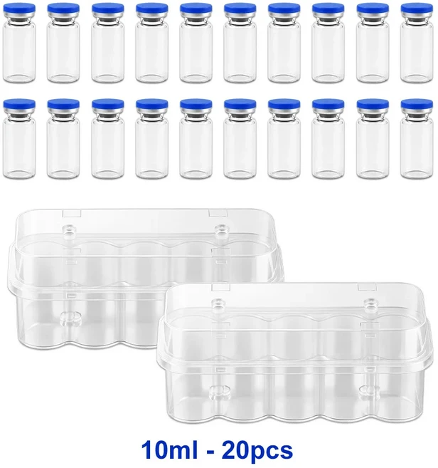3/5/7/10ml 유리 주사병 주사용 고무 마개로 밀봉된 두꺼운 멸균 빈 유리병고무 마개로 밀봉된 캡 포함, [05] 10ml 20PCS Set