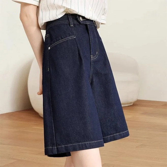 Makone 여성 캐주얼 워싱 데님 5부 팬츠 패션 무지 통근룩 청바지 반바지