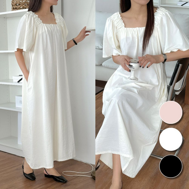 핏몬 여성 셔링 스퀘어넥 포켓 바스락 반팔 루즈핏 롱 원피스