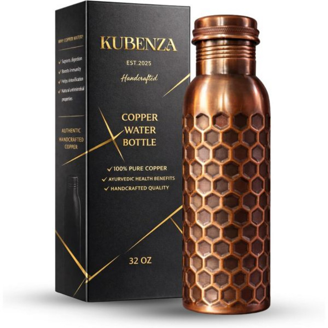 KUBENZA 순수 구리 물병 32온스 100% 무코팅 및 무라커 수제 아유르베다 누수 방지 재사용 가능, 앤티크 구리