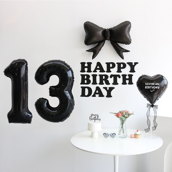 이벤트홀릭 블랙 풍선 생일파티용품세트 (자유레터링) 리본 숫자 풍선 가랜드, 1개, 13
