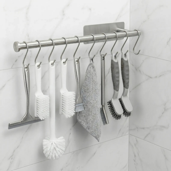 모먼트온 스텐 304 무타공 욕실 청소도구 걸이 (S고리 5개 증정), 무광실버, 1개