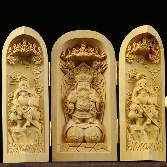 小葉黃楊木雕三開盒神像擺件, 1個, 大黑天財神
