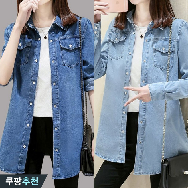 (브랜드 추천) 80kg까지 빅사이즈 여성 데님 오픈카라 프린트 패치워크 하프 셔츠 봄 가을 편한 모던 플라워 포켓 입체 플리츠 디자인 심플 루즈핏 날씬해보이는 우아한 블루 남방