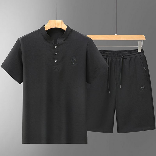 Ashysnow 아빠룩 냉장고 세트 중장년 남성 여름 얇은 쿨링 반팔 티셔츠 상의 편안한 5부 바지 투피스