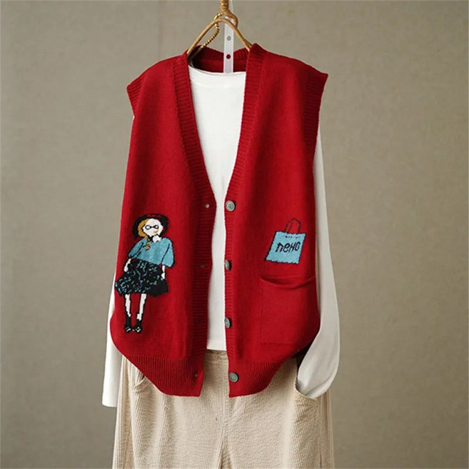 TKX 여성 봄 가을 니트 조끼 캐주얼 브이넥 버튼 패턴 포켓 패션 캐시미어 KN89