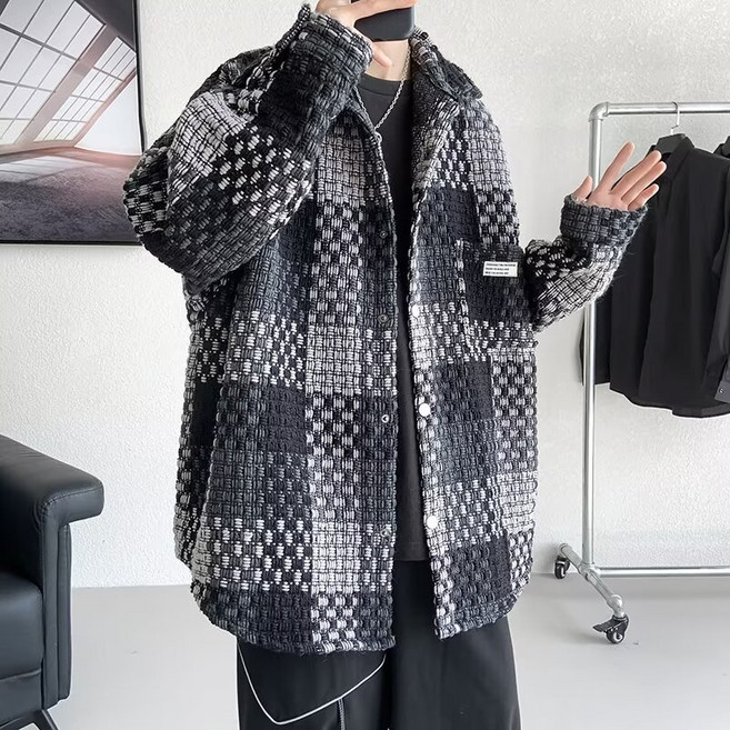 COSYEVNO 남성 모직 자켓 겨울 체크 버튼 루즈핏 캐쥬얼 코트 CJ1729