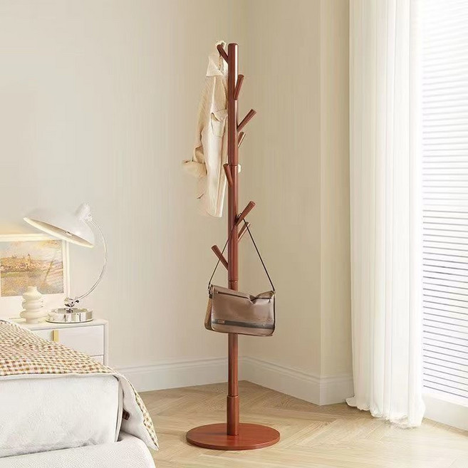 實木輕奢多用簡易衣帽架圓盤晾衣架牀頭櫃掛包架臥室衣架落地立式, 實木圓盤-胡桃色-12掛枝