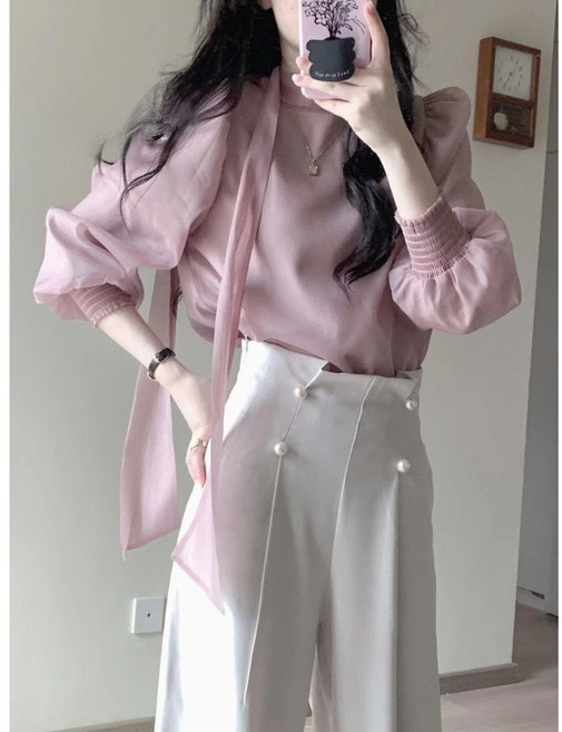 캐주얼 여성 정장 바지 세트 봄 가을 쉬폰 긴소매 블라우스 고급스러운 하이넥 셔츠 우아한 스타일 출근룩 JS