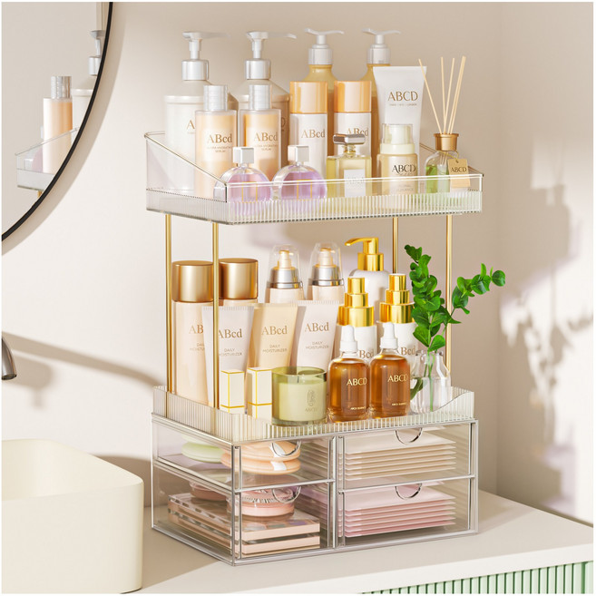 키루에 화장품 정리함 화장품정리대 특대형 멀티 5층 3서랍 화장품보관함 향수 트레이 데스크 수납정리함 욕실장 대형 스킨케어 화장대 수납장 대용량 정리대, 투명A, 1개