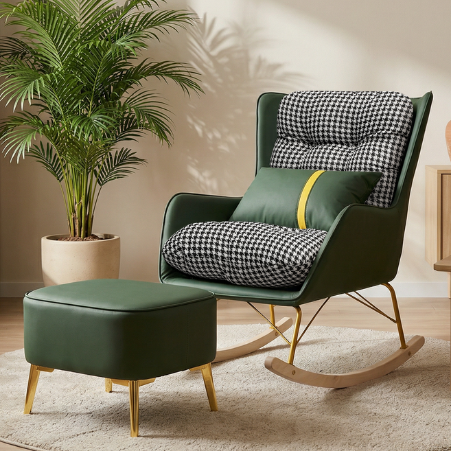 LUXRORO 북유럽 감성 편안한 흔들의자, 1개, 그린+스툴 세트