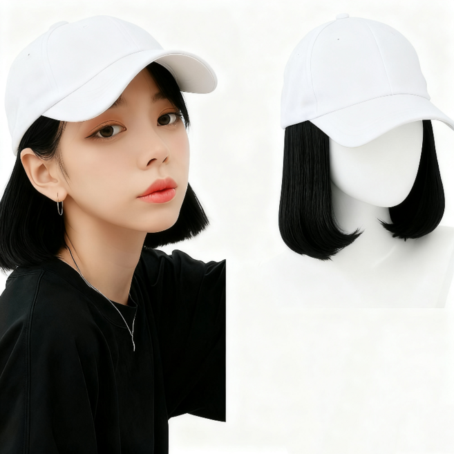 상덕 요즘유행 모자 가발 여성 가발 짧은 생머리, 1개, 하얀모자，블랙헤어