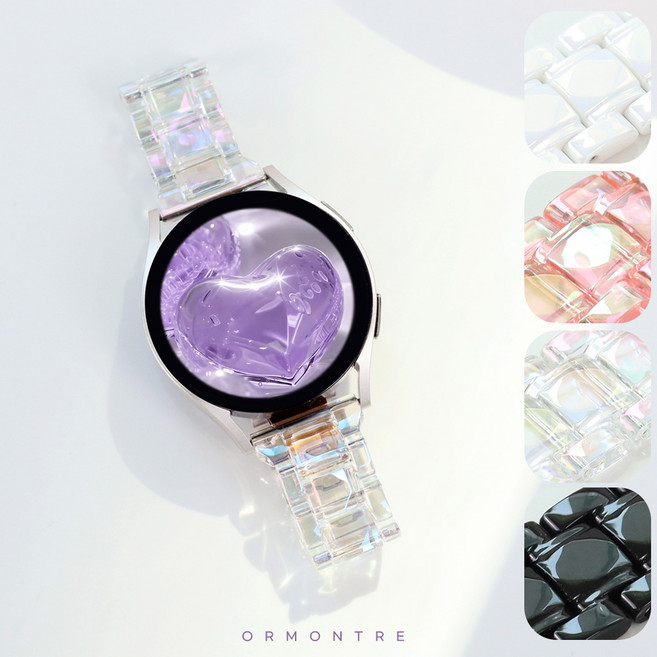 오르몽트 갤럭시워치7 6 5 4 3 오로라 투명 스트랩 홀로그램 프로 클래식 액티브 20mm, 오로라투명-로즈골드버클