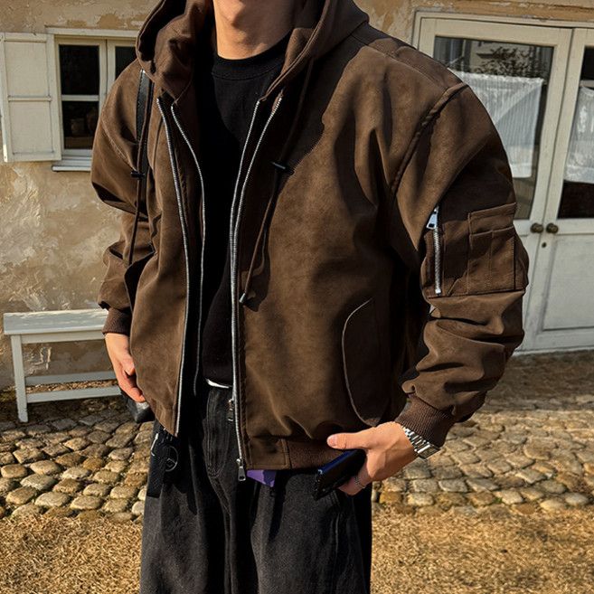 투디 빈티지 레더 후드 레이어드 크랙 MA-1 항공 크롭 블루종 (2color)