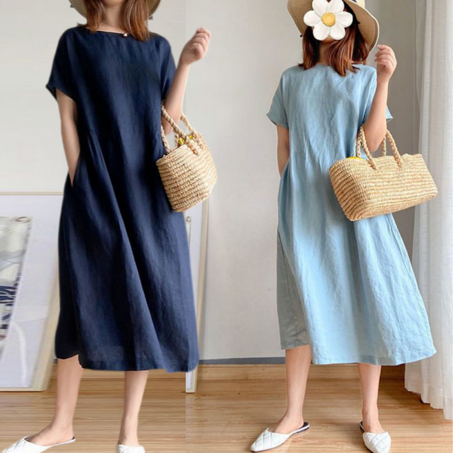 1+1 여성 여름 린넨 반팔 원피스 편안한 무지 라운드넥 원피스 빅사이즈 바캉스룩