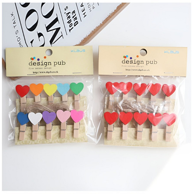 어반살림 다용도 원목 하트 나무 집게 20p 마끈 포토걸이 인테리어 소품, 레드+혼합