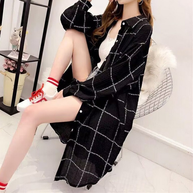 여성 여름 린넨 시스루 면 시어서커 거즈면 롱 셔츠 남방 부들레터링체크롱셔츠