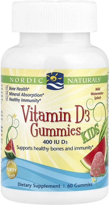 Nordic Naturals 어린이용 비타민D3 구미젤리 와일드 워터멜론 스플래시 400IU 구미젤리 60개, NordicNaturals어린이용비타민D3구미젤리와일드, 60정, 1개 - 쿠팡