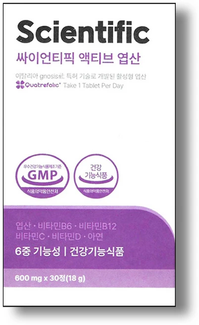 4세대 활성엽산 이노시톨 베타글루칸 비타민 일일권장량 100% 충족 임신준비영양제 싸이언티픽 액티브 엽산, 1박스, 30정 - 쿠팡