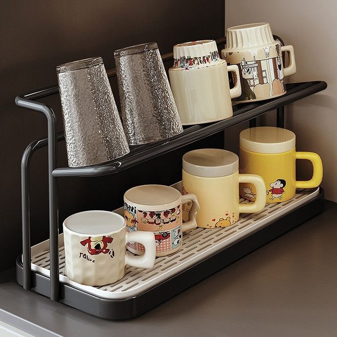 호밍사이 컵 선반 컵건조대 싱크대 물받이 트레이 주방용품 정리대, 1개, 블랙, 2단