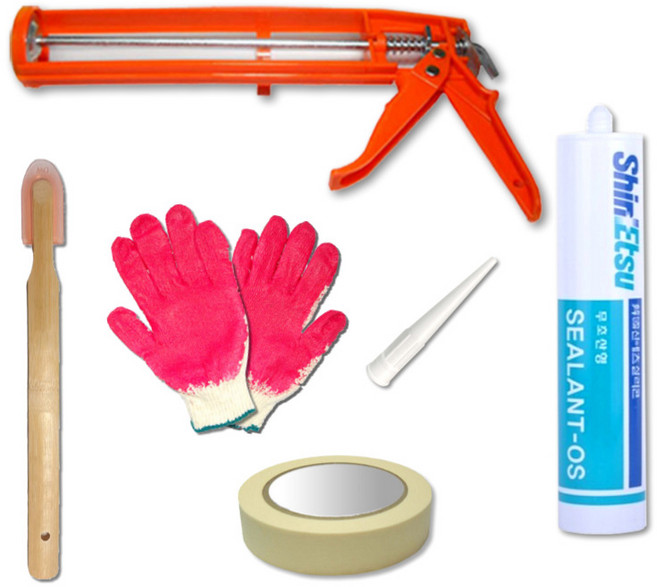 욕실용 주방용 바이오 실리콘 백색 + 실리콘 건 + 실리콘 헤라 + 장갑 + 마스킹 테이프, 1개