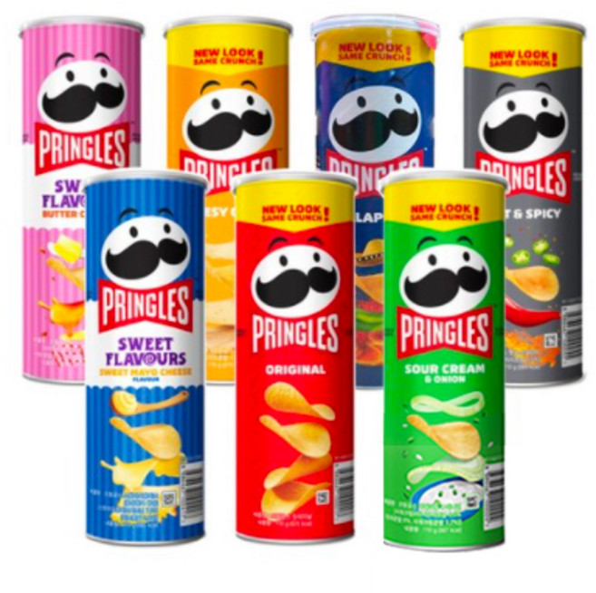 프링글스 7종 세트 (오리지날+샤워크림어니언+핫스파이시+치즈+버터카라멜+스윗마요치즈+할라피뇨), 1세트