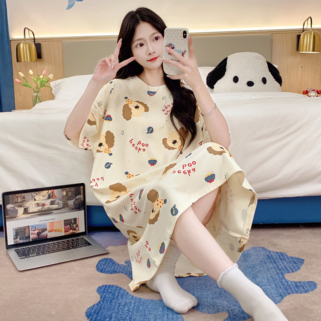 夏季新款女士可愛卡通短袖睡裙薄款大碼家居服可外穿