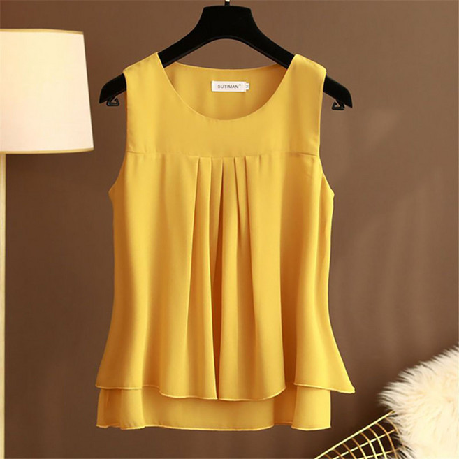 WANGBAIWAN 여성 플리츠 레이어드 쉬폰 민소매 티셔츠 가벼운 심플 시원한 세련된 정장 나시 블라우스 S061102