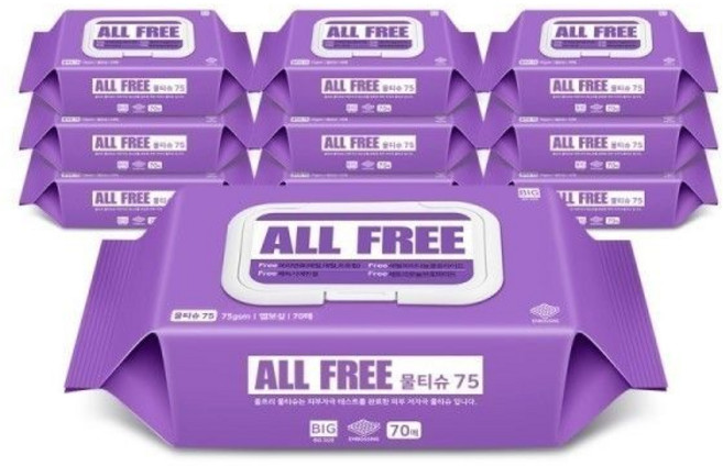 올프리 물티슈75 대용량 (70매) 캡형 10팩 저자극, 70매