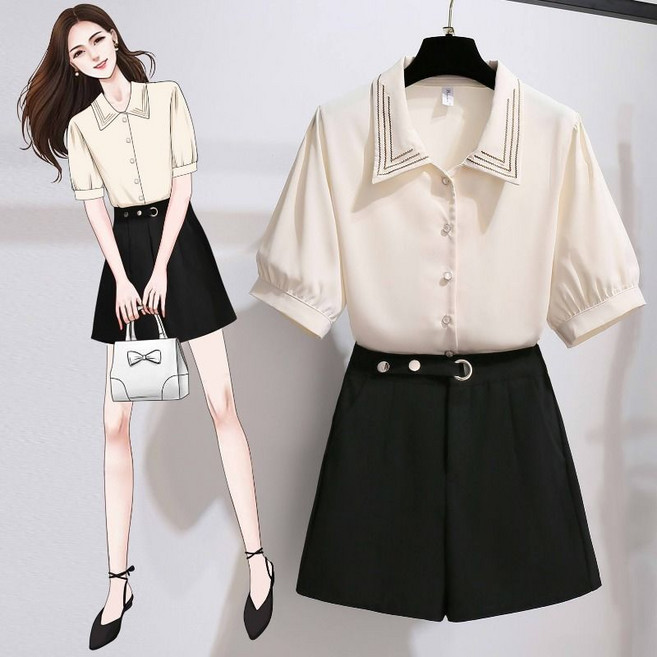 여자 쉬폰 셔츠 하이웨스트 와이드 반바지 투피스 캐주얼 여름 빅사이즈 상하 세트