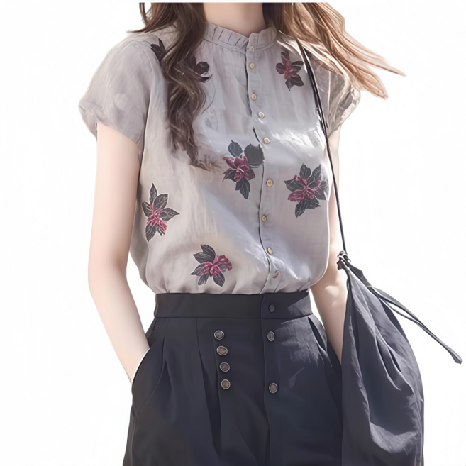 Makone 여성 네크라인 프릴트리밍 플라워 프린트 스타일리시 코디 심플 민소매 블라우스