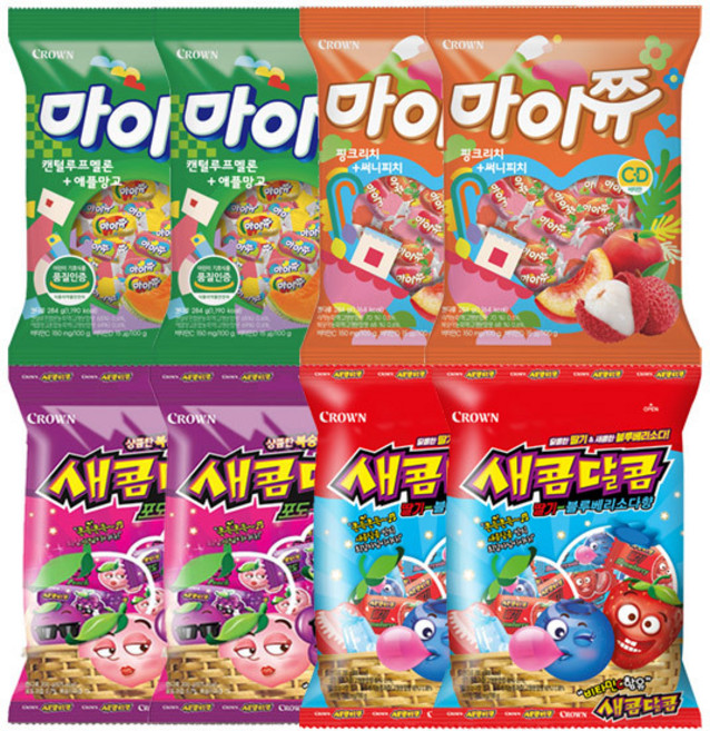 크라운 마이쮸 핑크리치&써니피치 284g+캔털루프멜론&애플망고 284g+새콤달콤 포도복숭아 200g+딸기블루베리소다 200gx각2개(총8개)