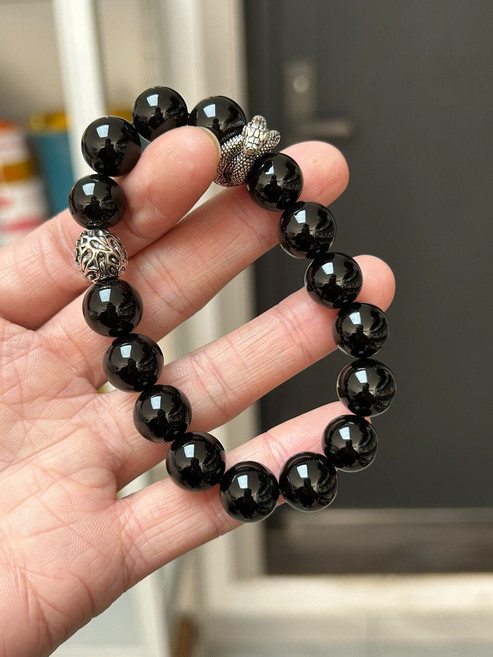 天然黑瑪瑙銀蛇手串 12mm