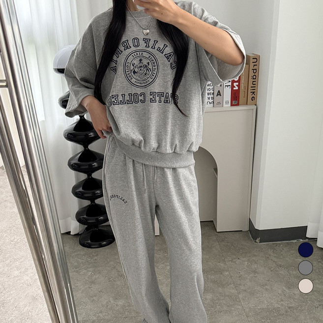 디테일웨어 여성 캘리 반팔 긴바지 트레이닝세트 빅사이즈 상하세트 임부복 홈웨어 밴딩 와이드팬츠 꾸안꾸룩 간절기 운동복