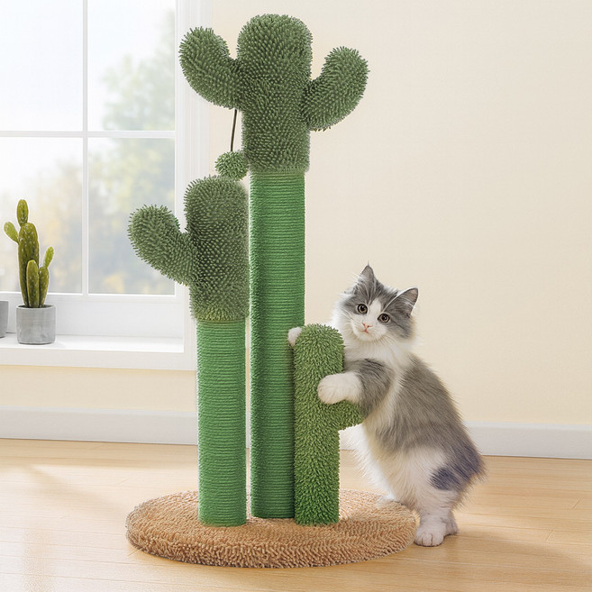PAWZ Road 초록색 선인장 기둥형 고양이 스크래쳐 장난감 매달린 공, 1개, 브라운