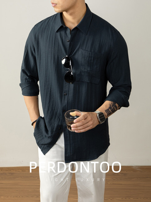 【老錢風輕奢】男士襯衫 亞麻襯衫 長袖襯衫 白襯衫 法式襯衫 商務襯衫 天然褶皺紋理 高端口袋設計 通勤休閒兩穿