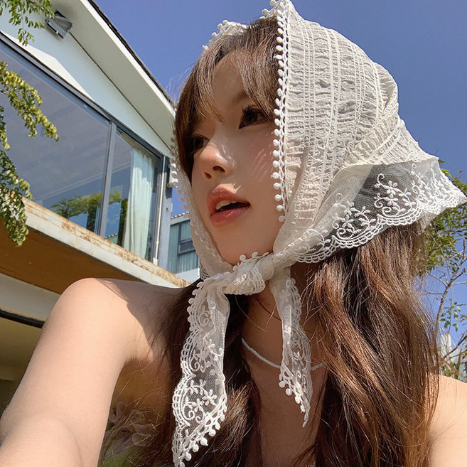 무니유유 여성 상큼한 무드 레이스 쁘띠 반다나 삼각 스카프 헤어두건