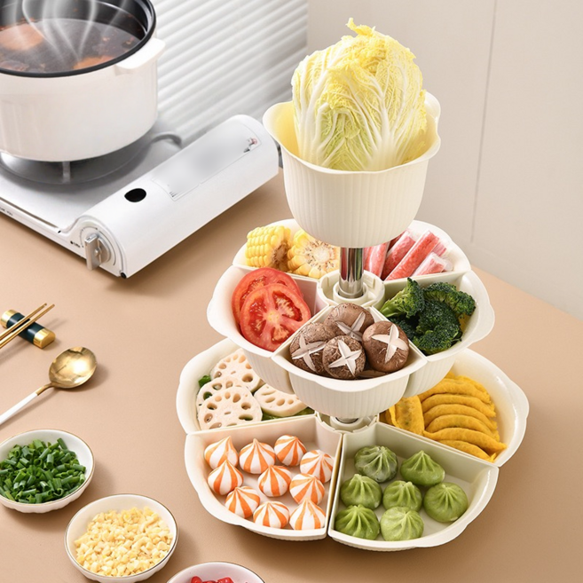 360°회전식 가정용 3단 샤브샤브 분할 접시 과일 야채 트레이, 화이트, 1개