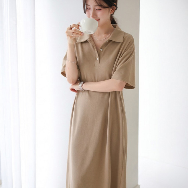 데일리앤 포슨 여성 봄 여름 롱 A라인 엠보 카라 단추넥 반팔 원피스