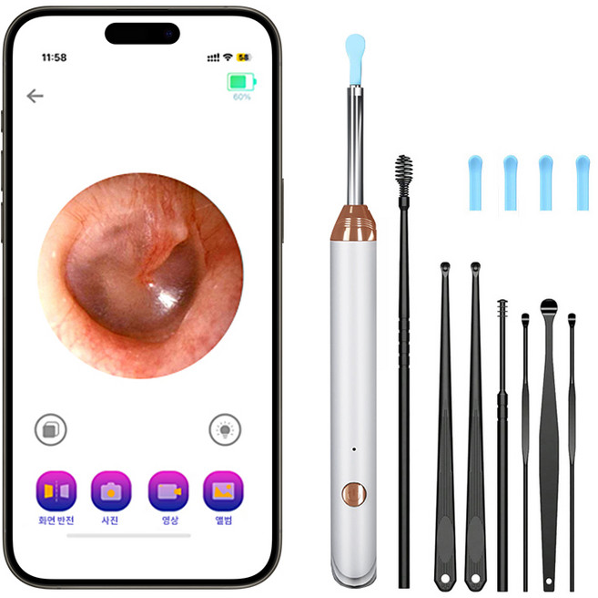 내시경 귀이개 무선 LED 조명 1500W 고화질 스마트 360도 고화질 카메라 귀이개, 1개, 1개입
