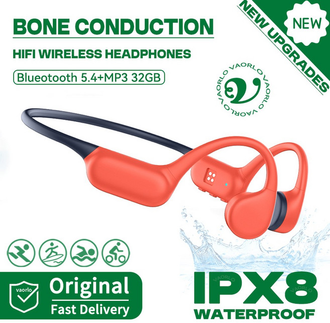 블루투스 골전도 귀고리 MP3 마이크 이어폰 IPX8 HIFI 무선 SWIMMIN 방수 플레이어, OrangeBlue 32GB 1
