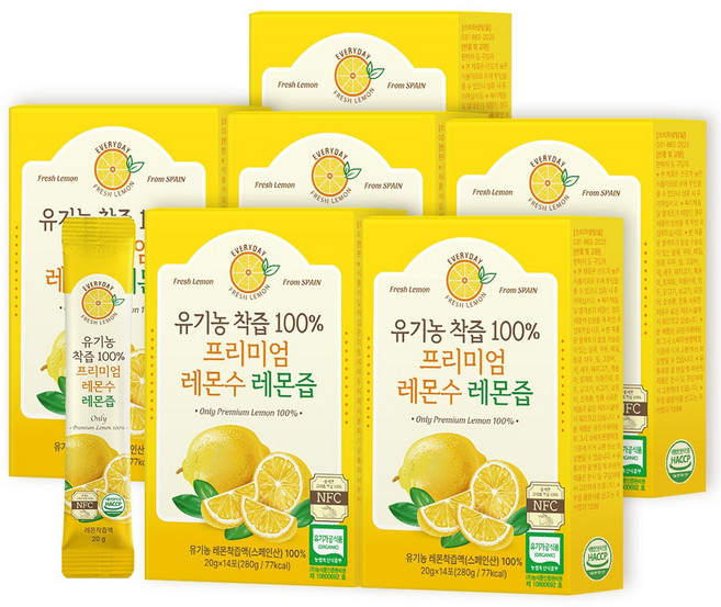 유기농 착즙 100% 프리미엄 레몬수 레몬즙, 280g, 6개