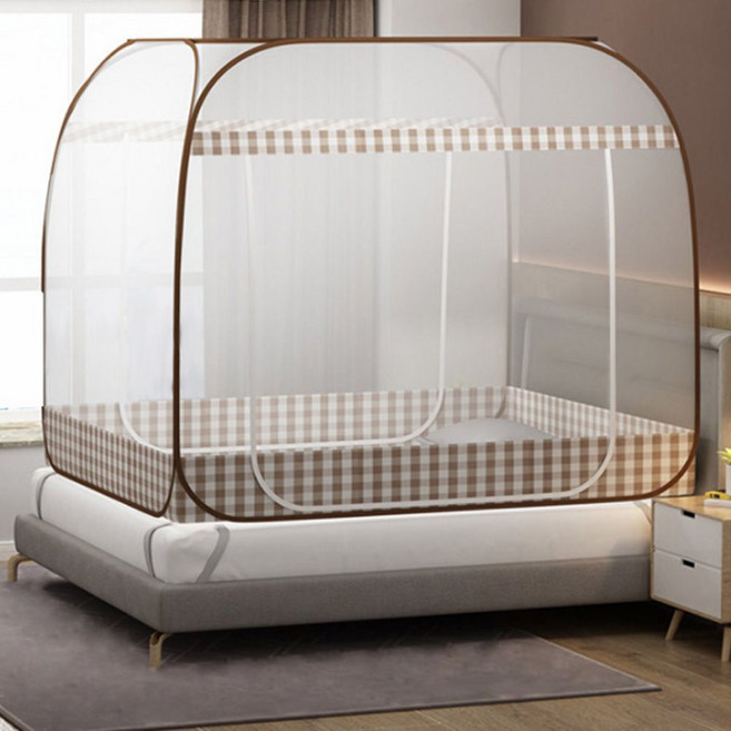 양문형 1인 바닥있는 원터치 모기장 캐노피 사각 대형, 브라운 1-2인용